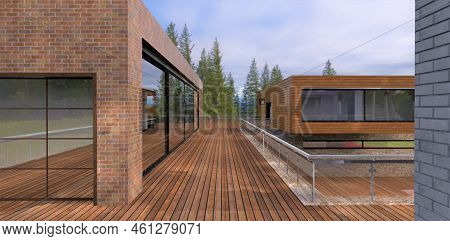 Wooden Terrace On The Roof Of An Advanced Cottage Designed In A Modern Style. Tops Of Coniferous Tre