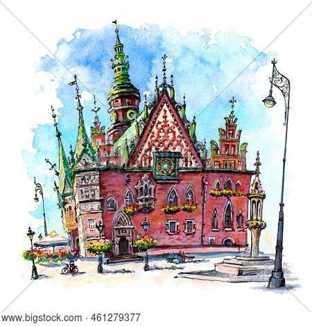 Watercolor Sketch Of Wroclaw Market Square In The Old Town Of Wroclaw, Poland.