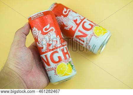 Samut Prakan, Thailand - September 10, 2022 : New Products From Singha. A Canned Of Singha Red Lemon