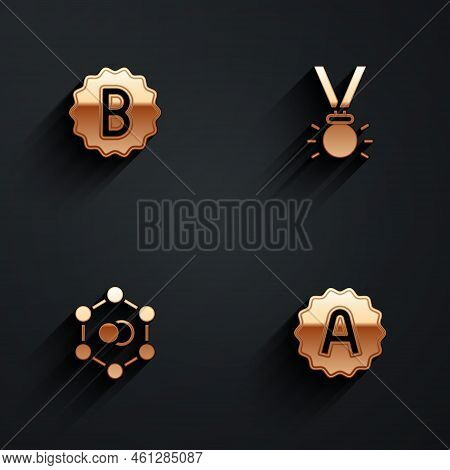 Set Exam Paper With Incorrect Answers, Medal, Molecule And Sheet A Plus Grade Icon With Long Shadow.