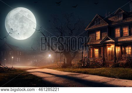3D Illustration Of A Halloween Concept Background Of A Castle And Graveyard. Horror Background.