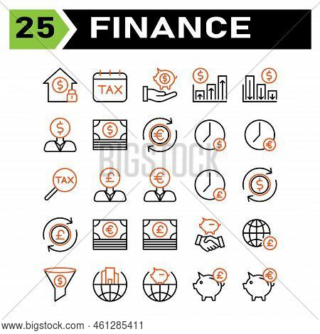Finance Icon Set Include Building, Investment, Home, Money, Security, Calendar, Tax, Date, Day, Fina