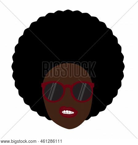 Portrait African Women , Dark Skin Female Face With Hair Afro And Glasses In Traditional Ethnic Curl