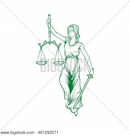 Lady Justice Figure With Blindfold Holding Scale And Sword.isolated On White Background.openable, Ed