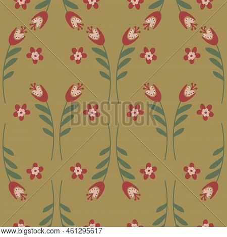 Cute Flower Marsh Green Color Seamless Pattern, Bellflower Campanula Wild Flower, Organic Background