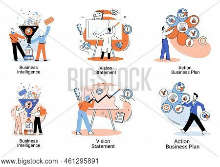 Business Intelligence Action Business Plan. Strategic Planning Automation Process. Mission Rules Vis