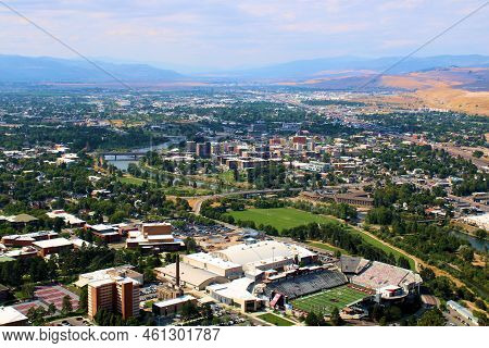 August 27, 2022 In Missoula, Mt:  Aerial View Of The University Of Montana Campus And The City Of Mi
