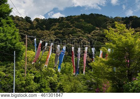 The Carp Streamers Swimming In The Sky.   Kyoto Japan