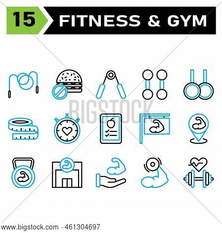 Healthy And Fitness Icon Set Include Rope, Jump, Skip, Healthy, Fitness, Gym, Burgers, No Food, Unhe