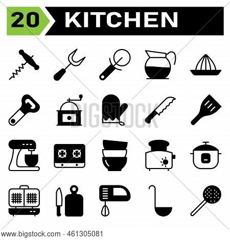 Kitchen Equipment Icon Set Include Corkscrew, Bottle, Opener, Wine, Equipment, Carving, Carve, Fork,