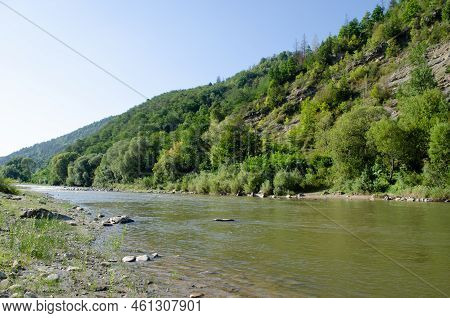 Beautiful Mountain River On A Clear Summer Day. River In Sunny Day. River In Mountain Forest.