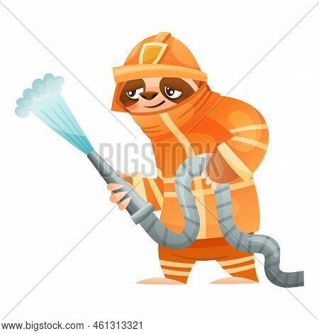 Funny Sloth Mammal As Firefighter Wearing Professional Fireproof Uniform With Water Hose Vector Illu