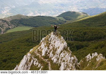 Monte Sirente, Italy - September 10, 2022: Panoramic View From Monte Sirente With Green And Wild For