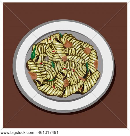 Vector Illustration, Pasta Pad Kee Mao, Pasta Pad Kee Mao With Ham On A Plate On Brown Background.
