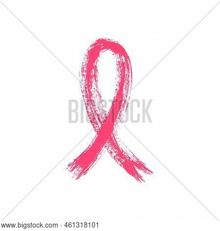 Pink Ribbon Drawn By Hand With Rough Brush. Breast Cancer Awareness Symbol. Paint, Sketch, Graffiti.