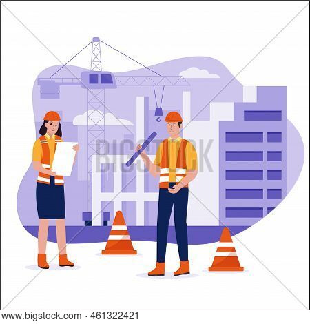 Flat Design Of Civil Engineer And Architect Engineer Watching And Checking Details On A Construction