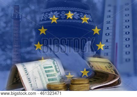Defocus Man Hiding Face. Increase In The Cost Of Gas Bill. European Union Flag. Soaring Energy Price