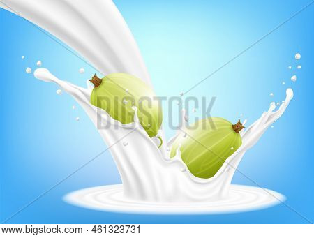 Fresh Goosberry In A Splash Of Milk Or Yogurt. Fresh Berry Falls Into The Milk. 3d Realistic Vector 