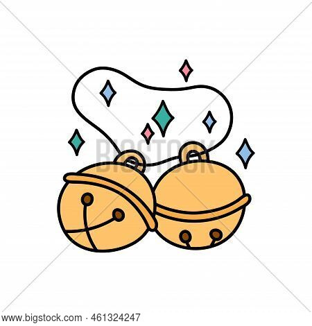 Jingle Bells Isolated. Vector Doodles. Two Christmas Sleigh Golden Bells With Stars. Design Object I
