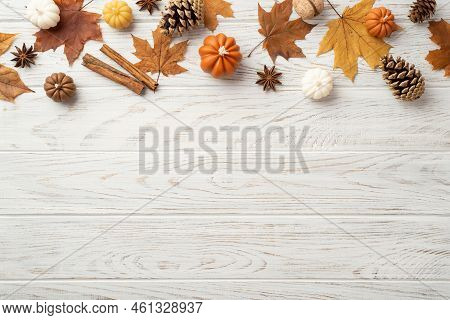 Autumn Concept. Top View Photo Of Maple Leaves Pine Cones Small Pumpkins Walnut Anise And Cinnamon S