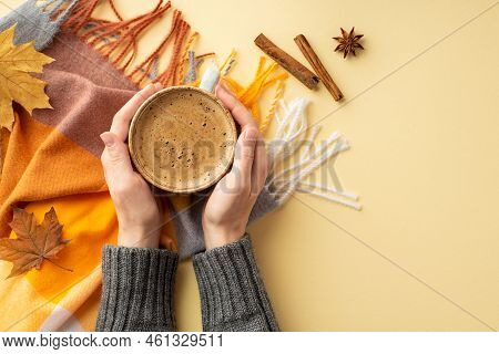 Autumn Concept. First Person Top View Photo Of Young Woman's Hands In Pullover Holding Mug Of Hot Dr