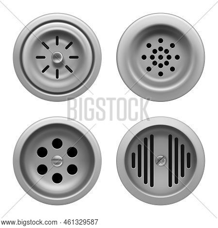 Sink Drainage. Steel Round Bathroom Or Basin System Closeup Drain Water Decent Vector Templates Set 