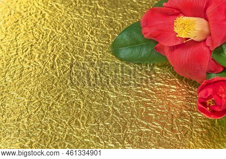 A Japanese Greeting Card With A Tsubaki Flower Also Called The Winter Rose On A Golden Crumpled Pape