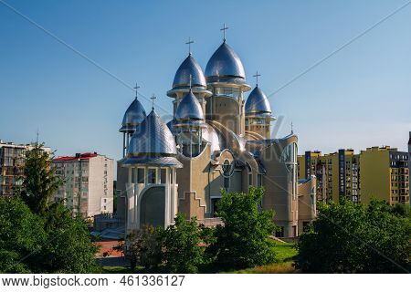 Truskavets, Ukraine - August 7, 2021: View Of Church Of St. Elijah In The Urban Landscape- Modern Ap