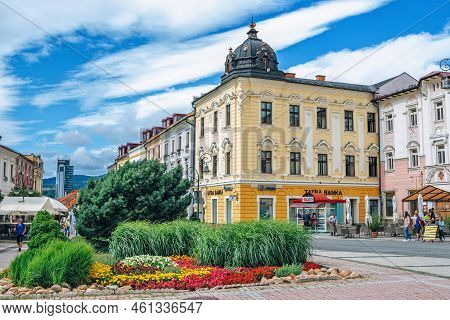 Banska Bystrica, Slovakia - August 17, 2021: View Of Snp Square - Colorful Historic Buildings, Bloom