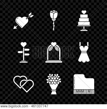 Set Amour Symbol With Heart And Arrow, Flower Rose, Wedding Cake, Two Linked Hearts, Bouquet Of Flow