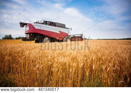 Harvester Machine To Harvest Wheat Field Working. Combine Harvester Agriculture Machine Harvesting G