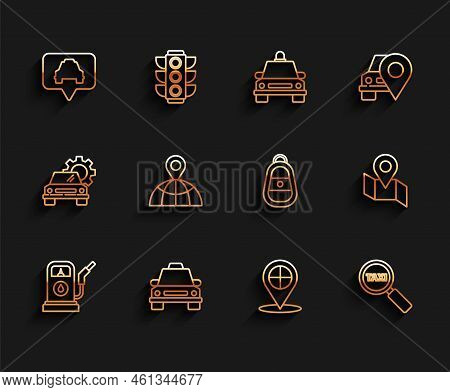 Set Line Petrol Or Gas Station, Taxi Car, Map Pointer With Taxi, Magnifying Glass And, Location The 