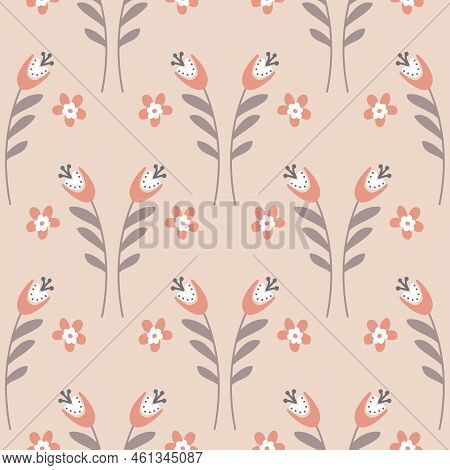 Pink Flower Gray Pastel Color Seamless Pattern, Bellflower Campanula Wild Flower Vector Illustration