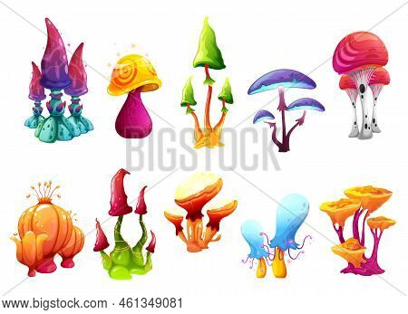 Magic Fairy Cartoon Mushrooms Of Fantasy Alien Forest, Vector Toadstools And Luminous Trees. Fairy A