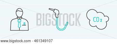 Set Line Co2 Emissions In Cloud, Businessman Or Stock Market Trader And Gasoline Pump Nozzle Icon. V