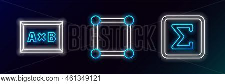 Set Line Sigma Symbol, Chalkboard And Geometric Figure Square Icon. Glowing Neon. Vector