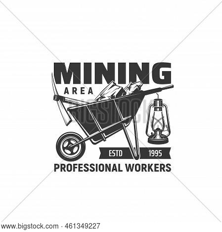 Mining Industry Icon, Coal Mine Factory Wheelbarrow Vector Symbol. Professional Miner And Quarry Exc