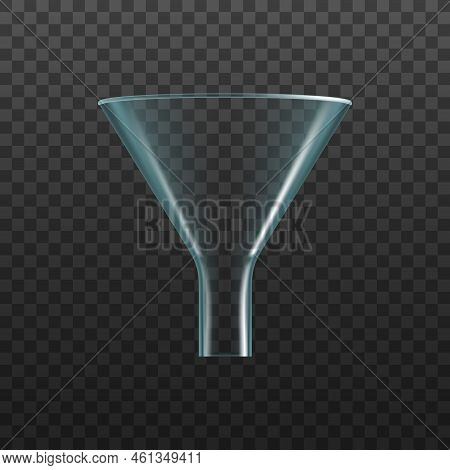 Glass Funnel, Isolated Vector Laboratory Glassware. Realistic Transparent Chemical Lab Filter Instru