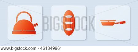 Set Bread Loaf, Kettle With Handle And Frying Pan. White Square Button. Vector