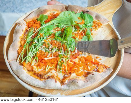Pizza Salmon And Rocket Consisted Of Tomato Sauce, Mozzarella Cheese, Smoked Salmon, Rocket, Tomato,