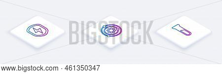 Set Isometric Line Secure Shield With Lightning, Solar System And Test Tube And Flask. White Square 