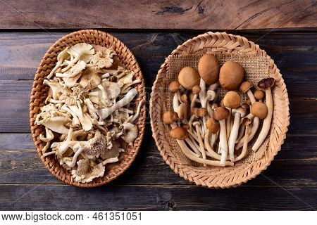 Fresh Edible Mushroom In Basket On Wooden Background, Table Top View