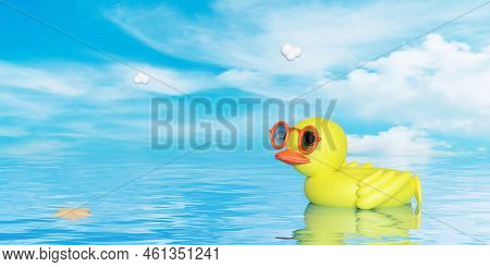 3d Inflatable Duck Floats In The Sea With Sunglasses, Cloud On Blue Sky Background. Summer Travel Co
