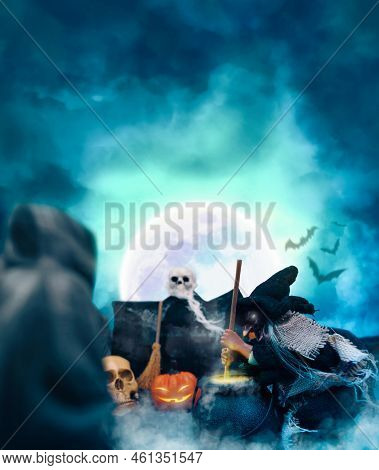 3d Illustration,halloween Festival Vertical Background Concept,the Witch Is Concocting Poison In A M