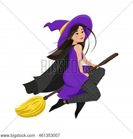 A Cute Witch In A Cloak And Stockings Flew On A Broomstick. Vector Illustration In Flat Cartoon Styl