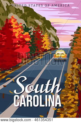 South Carolina Travel Vintage Poster, Autumn Road, Car. Retro Illustration