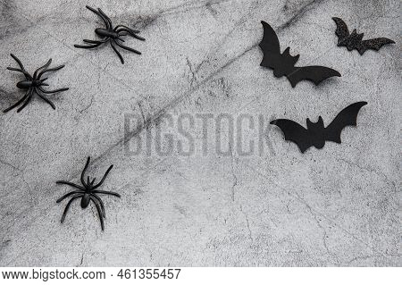 Halloween Holiday Background With  Decorations.  Halloween Background With Spider Web And Spiders As