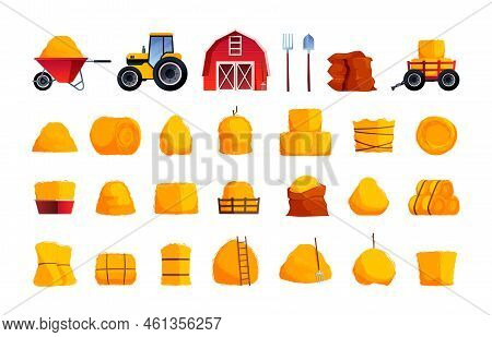 Cartoon Hay Farming. Agriculture Haystack Farm Barn Wheelbarrow Elements, Flat Rural Organic Fodder 