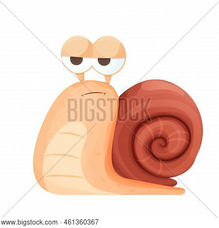 Snail Funny Cheerful And Sad Character With Shell In Cartoon Style Isolated On White Background. Cut