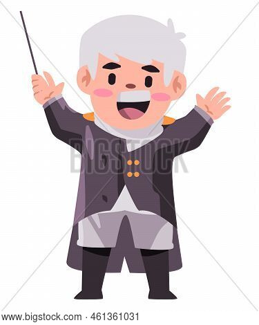 Composer Conducting Choir Or Orchestra Concert With Baton Stick Wearing Black Suit